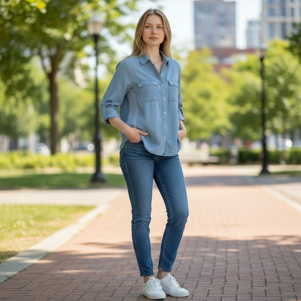 Love University Womens 2XL Light Blue Chambray Button Down Extra Stretch Sides